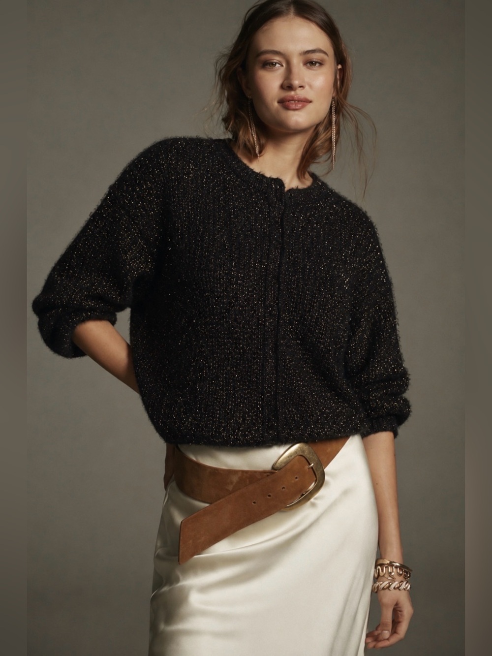 Anthropologie Mohair Wool Silvian Heach Black Lurex Zip Cardigan Sweater Size M